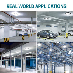 Collage of images showing indoor parking garages and industrial buildings.