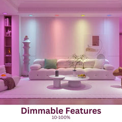 Modern living room with pink lighting and furniture, featuring dimmable feature text.