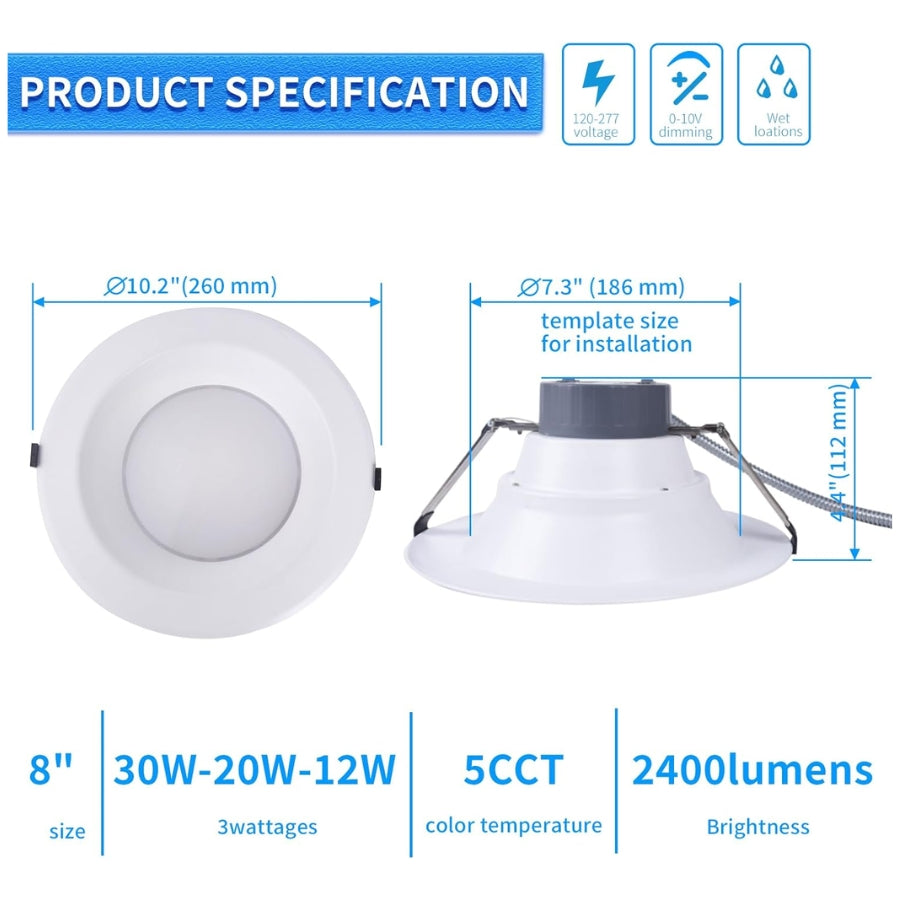 Product specifications of a LED downlight with dimensions and features on a white background, canless downlight commercial lighting 8 inch