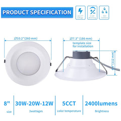 Product specifications of a LED downlight with dimensions and features on a white background, canless downlight commercial lighting 8 inch