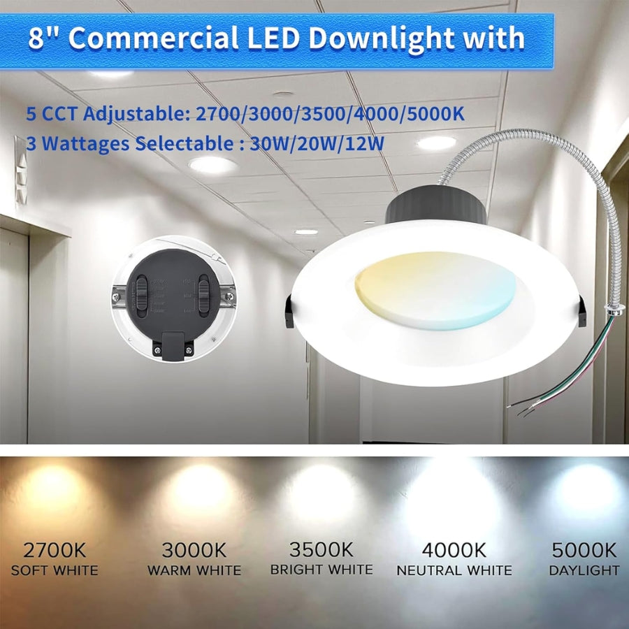 8-inch commercial LED downlight with adjustable color temperature options on a ceiling.