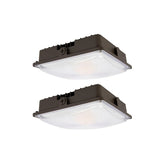 Two square ceiling lights with brown frames on a white background