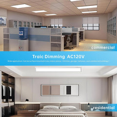Modern office space with Traic Dimming AC120V lighting system, labeled for commercial and residential use.