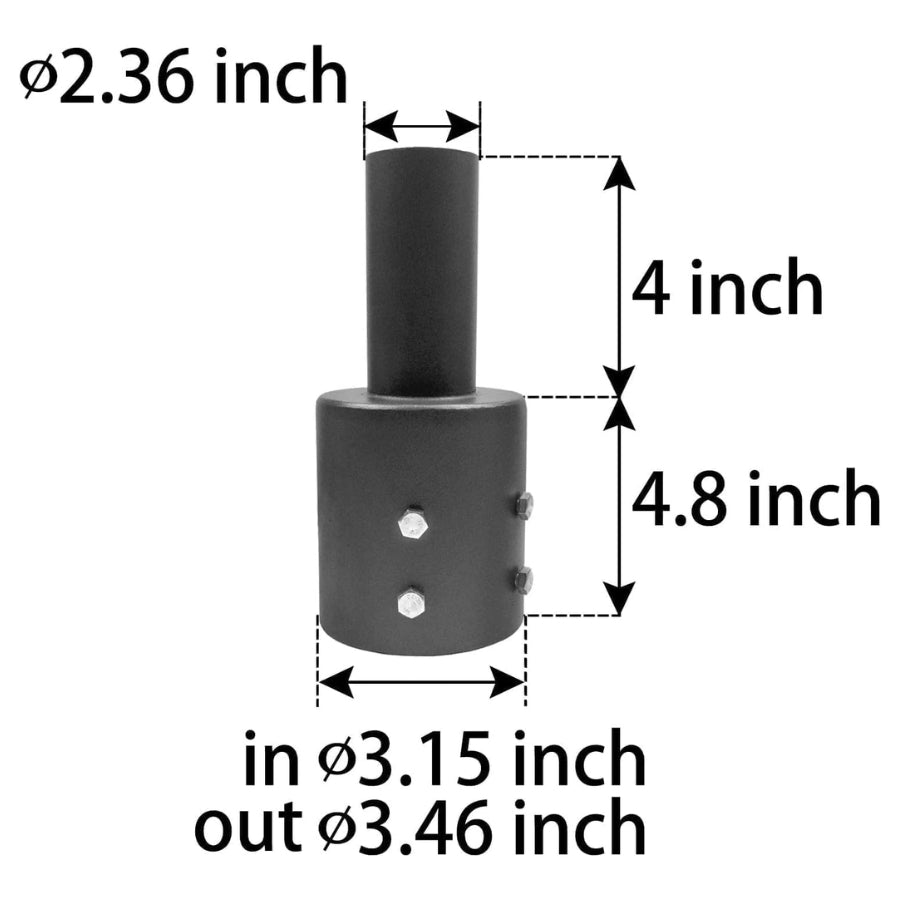 Measurement chart of a cylindrical metal 3 tenon adapter with dimensions labeled.