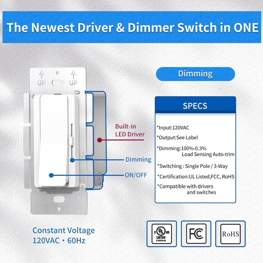 Wall switch with built-in LED driver and dimming features on a gray background