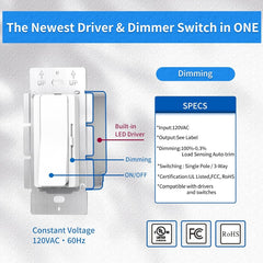 Wall switch with built-in LED driver and dimming features on a gray background