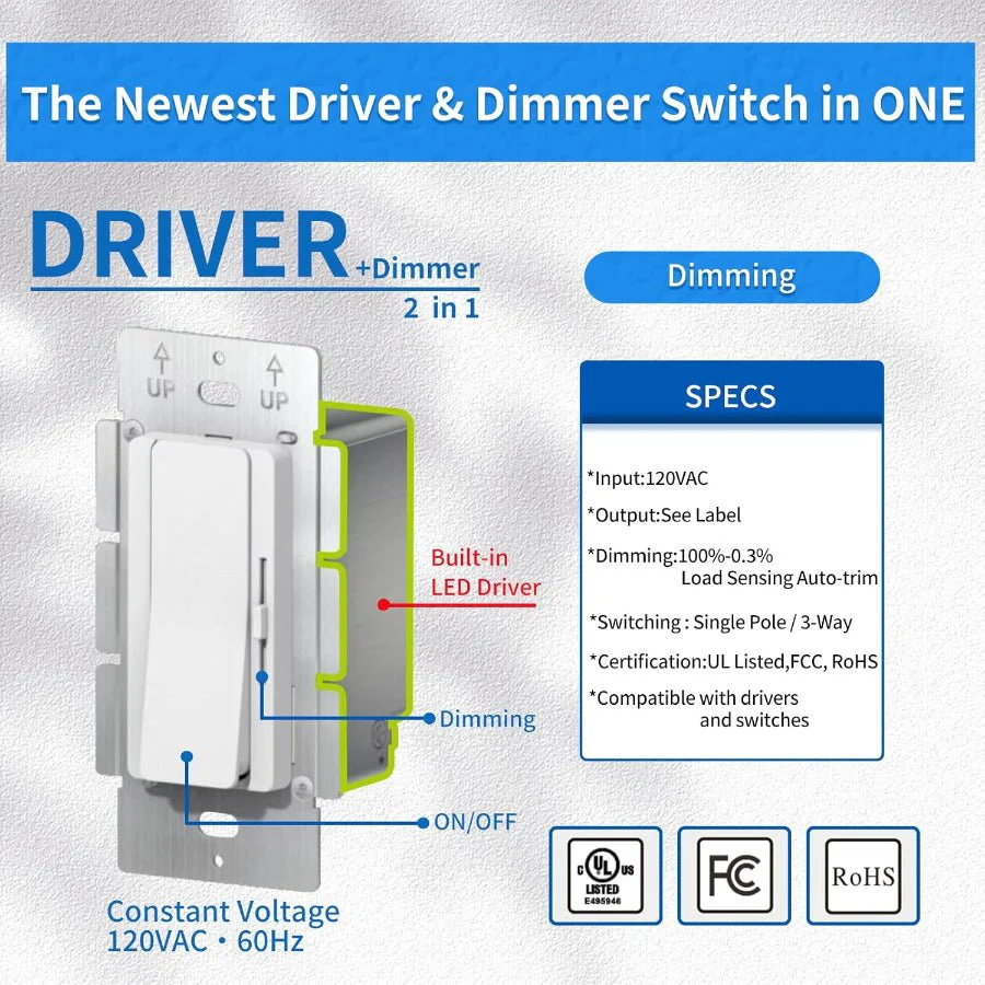 Driver and dimmer switch with specifications on a gray background