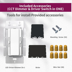 Set of included accessories for a LED driver and dimmer switch on a gray background.