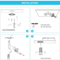 Step-by-step installation instructions for a downlight trimless ceiling fixture on a white background with blue accents.