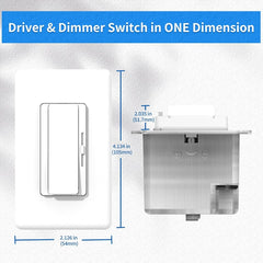 Measurement chart of a driver and dimmer switch with dimensions labeled.