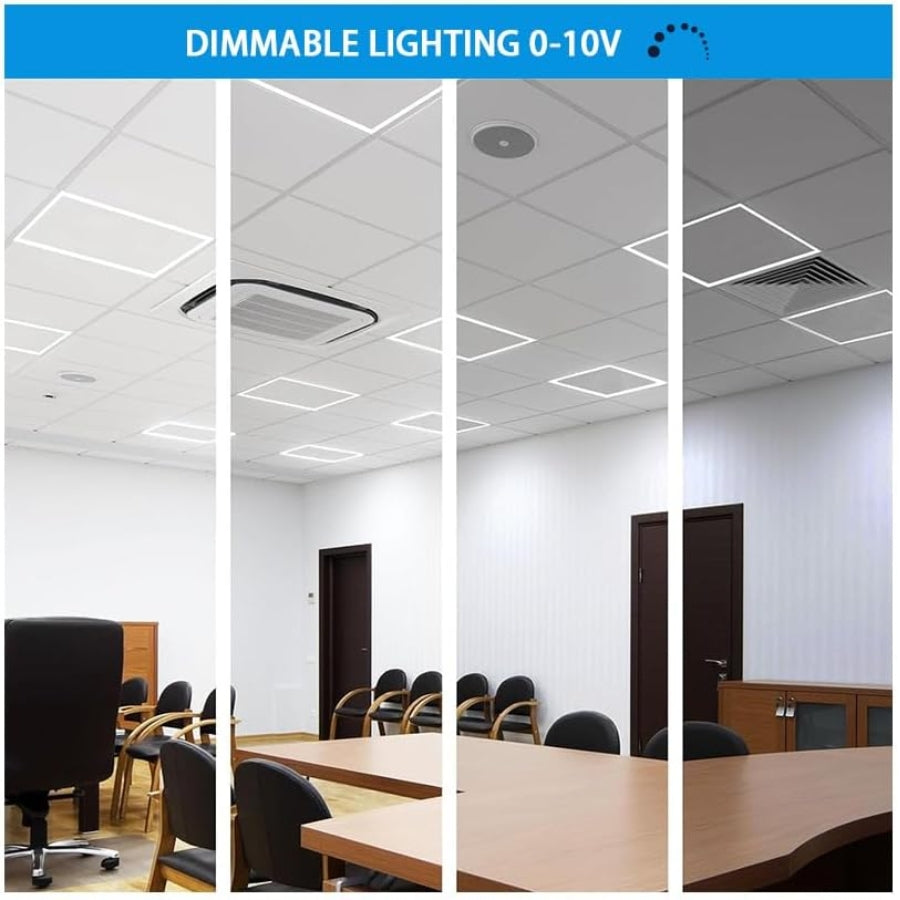 Collage of a conference room with dimmable lighting control options.