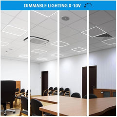 Collage of a conference room with dimmable lighting control options.