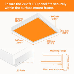2x2 ft LED panel with dimensions and mounting flange details on a white background.