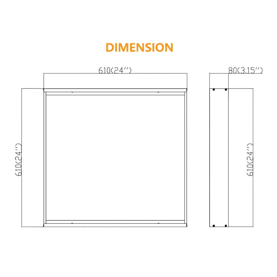 Measurement chart for a rectangular flat panel led shop lights with dimensions labeled.