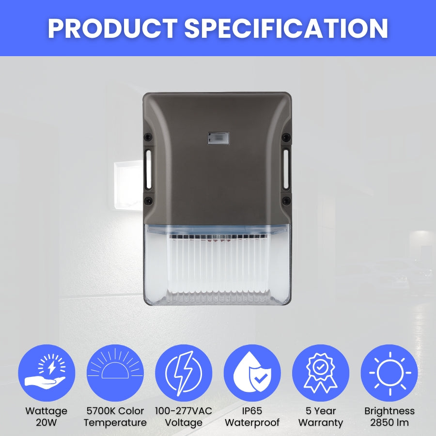 fliptoled 20w led mini wall pack light with specifications on a gray background