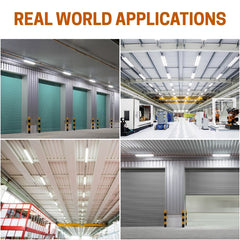 Collage of 3ft led tube light fixture in industrial warehouse interior with roller doors and ceiling lights.