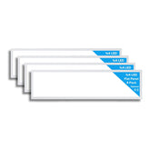 Four LED flat panel lights with labels on a white background
