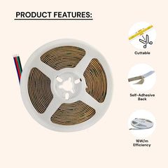LED strip light with features listed on a beige background at fliptoled