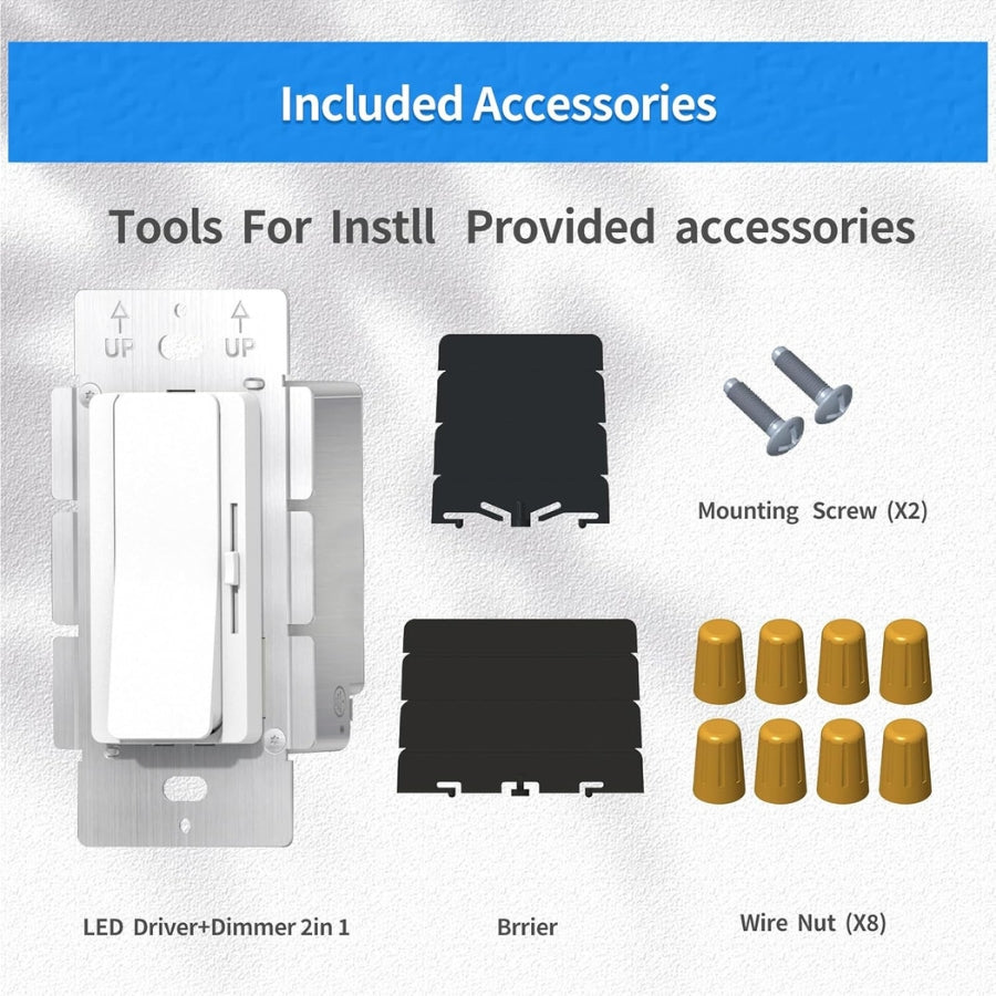 List of included accessories of dimmer switch for installation on a gray background