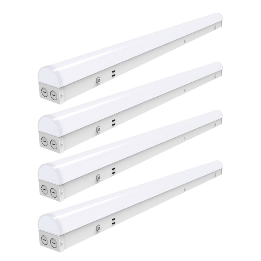 Set of four white LED light strips on a white background