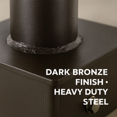 Dark bronze finish heavy duty steel product with text overlay