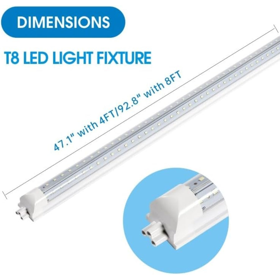 T8 LED light fixture with dimensions labeled on a white background