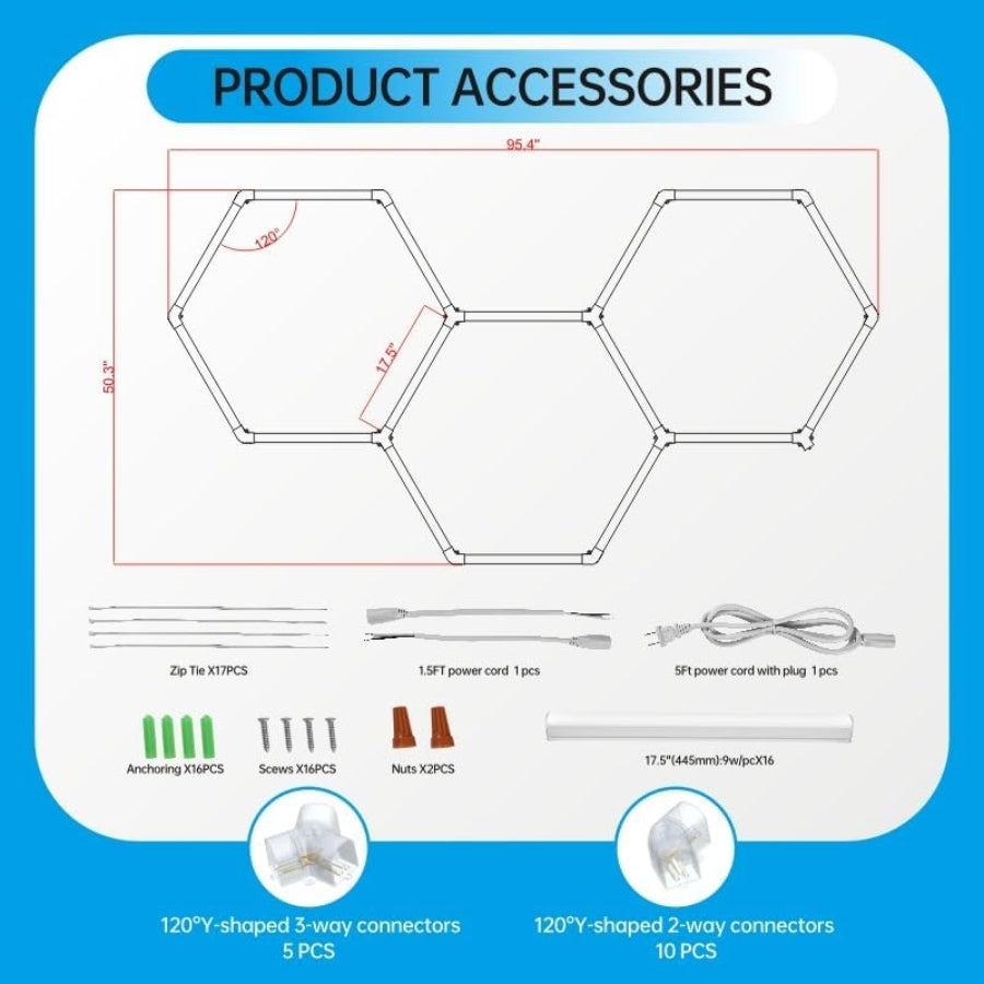 Product accessories diagram with labeled parts on a blue background, garage hex lights