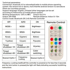 Technical specifications and remote control layout for a lighting system.