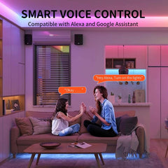 Two people sitting on a couch in a modern living room with smart voice control features highlighted gimbal led recessed light at fliptoled