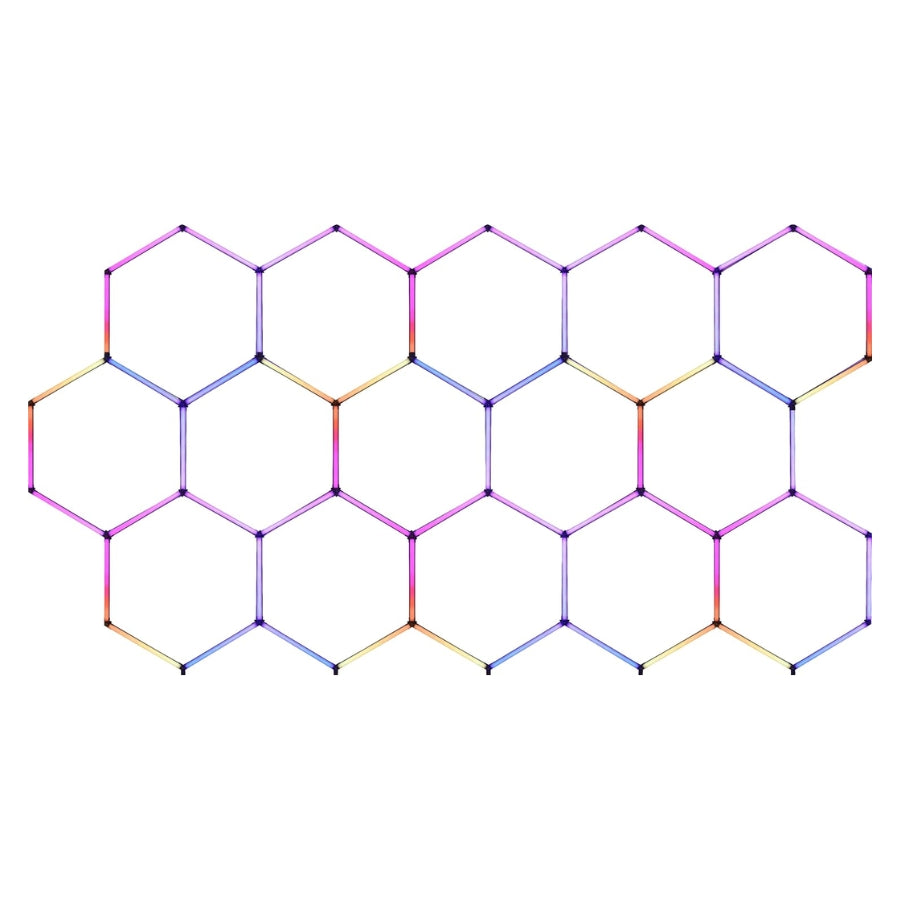 Hexagonal grid with colorful edges on a white background, hexagon led garage light at fliptoled