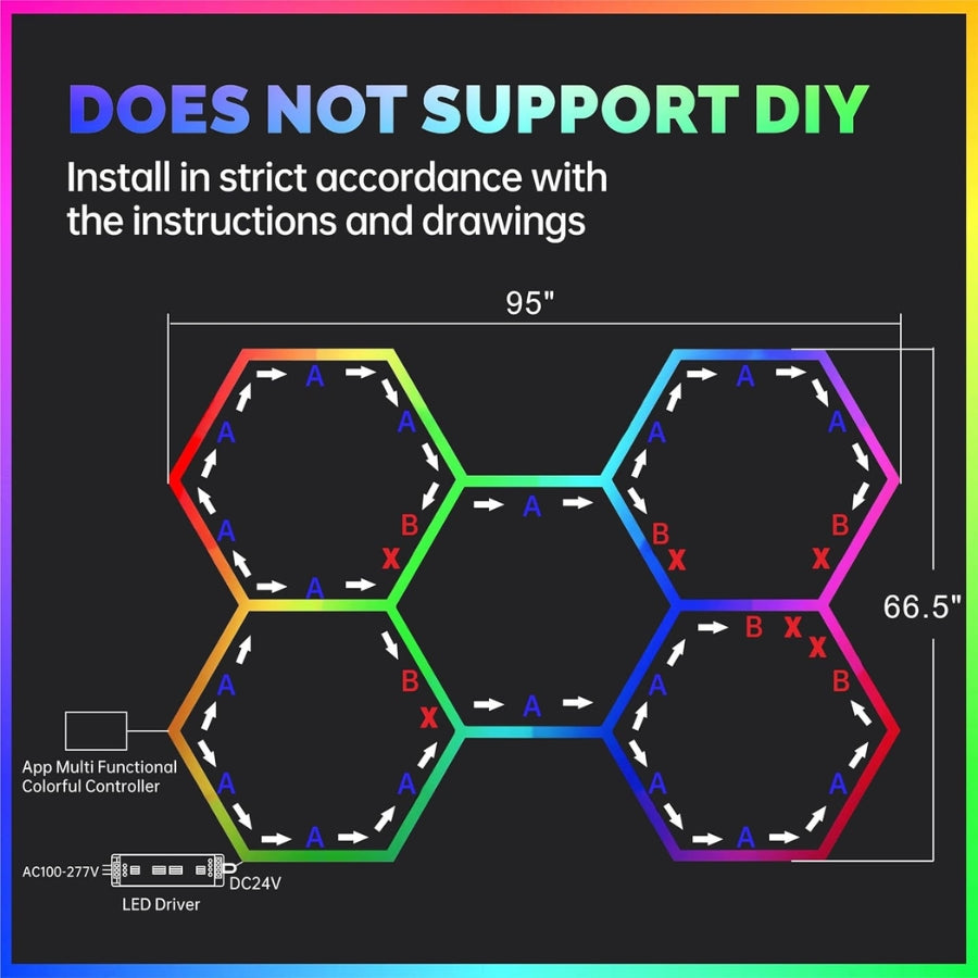 Diagram of hexagonal shapes with labeled dimensions and text indicating that DIY installation is not supported. hexagon light garage