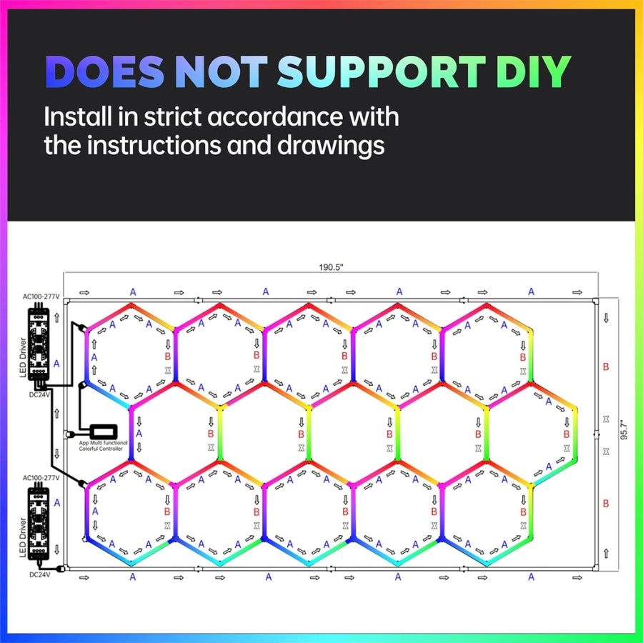 Technical diagram with colorful hexagonal patterns and text indicating non-DIY installation. hexagon lights for garage