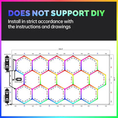 Technical diagram with colorful hexagonal patterns and text indicating non-DIY installation. hexagon lights for garage