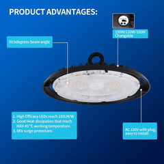 LED high bay light with product advantages on a blue background