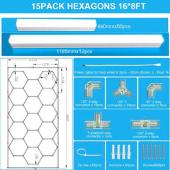 Hexagonal grid system packaging with dimensions, connectors, and accessories on a blue background. honeycomb lights for garage