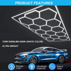 Car with LED light panel and product features highlighted on a black background