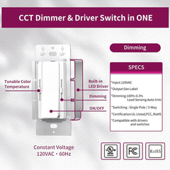 CCT Dimmer & Driver Switch with specifications on a gray background