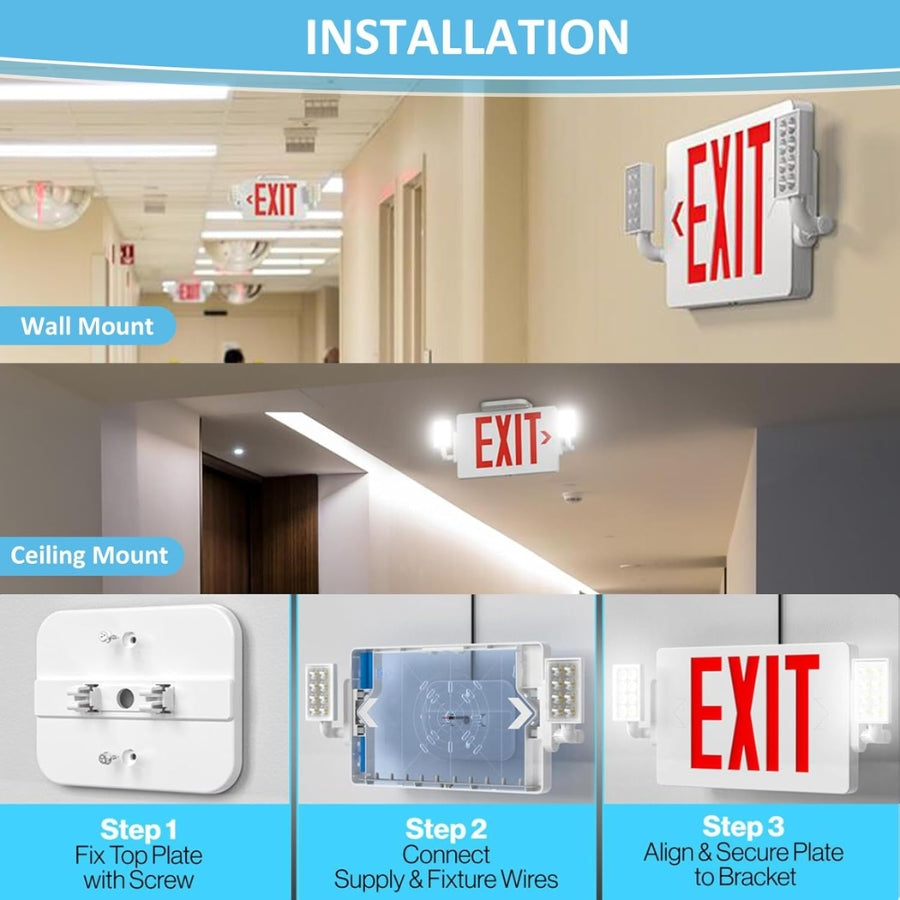 Installation guide for an exit sign with wall and ceiling mount options.