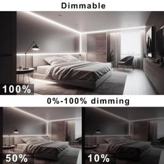 Dimmable LED strip lights in a bedroom setting with various brightness levels.