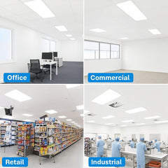 Collage of different indoor environments labeled as Office, Commercial, Retail, and Industrial.