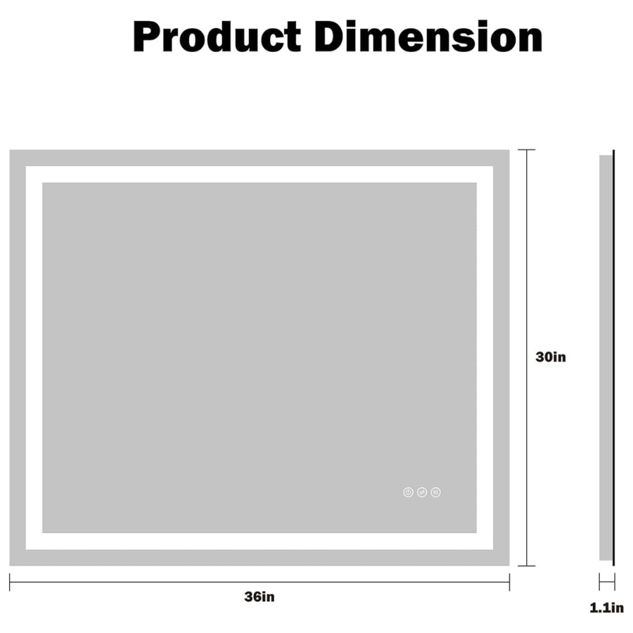 Measurement chart for led mirror dimensions with a gray square and labeled measurements.