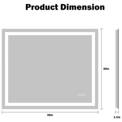Measurement chart for led mirror dimensions with a gray square and labeled measurements.