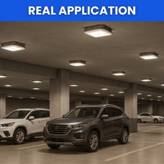 Underground parking garage with cars and ceiling lights, labeled 'Real Application'.