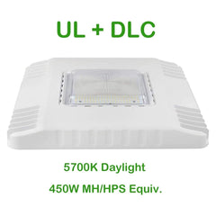 gas station canopy lights fixture with UL + DLC certification on a white background