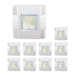 Set of eight white LED flood lights on a white background