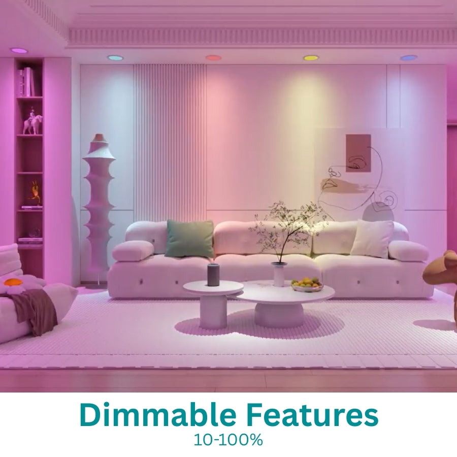 Modern living room with pink lighting and furniture, featuring dimmable feature text.