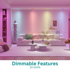 Modern living room with pink lighting and furniture, featuring dimmable feature text.