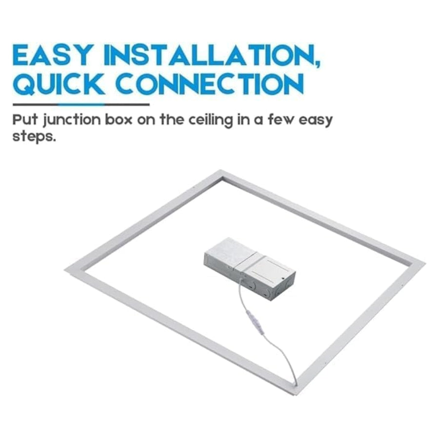 Ceiling junction box installation with text on easy installation and quick connection.
