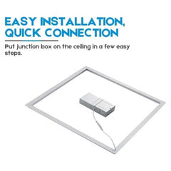 Ceiling junction box installation with text on easy installation and quick connection.