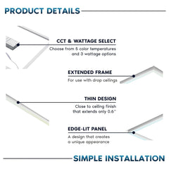 Product details of a light fixture with features like CCT & wattage select, extended frame, thin design, edge-lit panel, and simple installation.